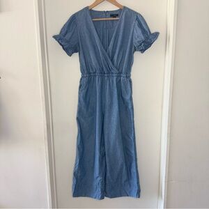 J Crew Women’s Chambray Denim Wide Leg Jumpsuit 8 Petite Pockets Preppy Ruffles